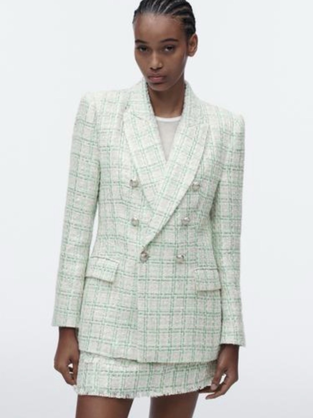 Zara Double-Breasted Tweed Blazer Jacket in Mint and White Plaid